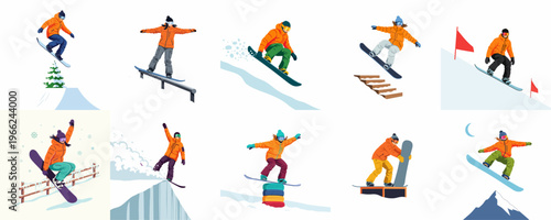 Set of ten flat vector illustrations of male and female snowboarders in action, performing various stunts like jumps, rail grinds, and powder carving.
