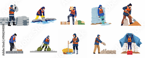 Illustration set of people and emergency responders working together to build sandbag barriers for flood prevention and disaster relief.