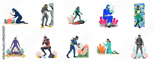 Set of vector illustrations depicting marine biologists and scuba divers conducting scientific research, sampling, and photography on coral reefs underwater.
