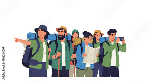 Group of diverse friends hiking together with backpacks. Happy tourists navigating with a map and taking photos on a trip. Vector illustration