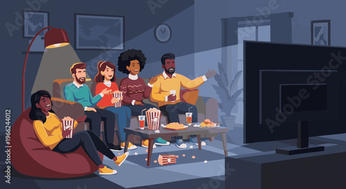 Diverse friends watching a movie at home at night. A happy group of people on a couch eating popcorn and snacks in a cozy living room