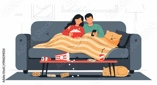 Couple watching a movie with popcorn on a cozy couch at home with cats