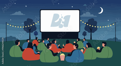 Friends watching a movie in an open air cinema at night. Vector illustration of a summer gathering in a park