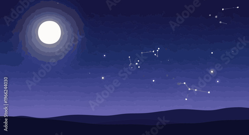 Vector illustration of a starry night sky with a full moon and constellations over a dark landscape