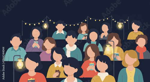 Crowd of people watching an outdoor movie screening at night. Vector illustration