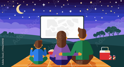 Family watching a movie at an outdoor cinema under a starry night sky