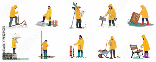 Vector illustration set of diverse people wearing yellow raincoats performing various tasks and cleanup operations during or after a flood disaster.