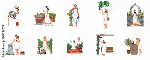 Set of flat vector illustrations featuring women in white dresses and straw hats enjoying wine tourism, harvesting grapes, and tasting wine in vineyards.
