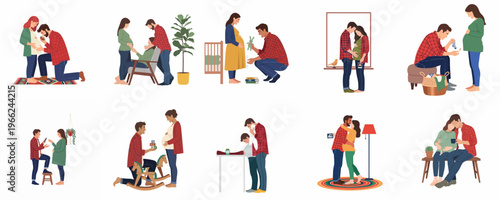Collection of flat vector illustrations showcasing a caring husband and his pregnant wife as they prepare for their upcoming baby in various household settings.
