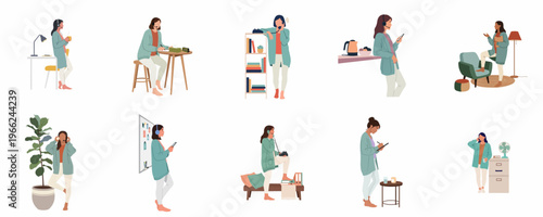 Illustrations of diverse women working remotely from home, using phones and headsets in various domestic settings, representing modern telecommuting and flexible work lifestyles.