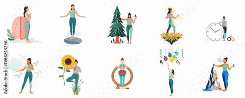 Collection of mental health and wellness illustrations featuring women practicing yoga, meditation, and mindfulness for a healthy lifestyle and inner peace.
