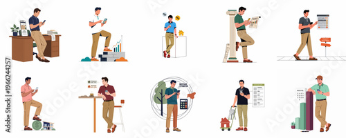 Flat vector illustration set of a man managing real estate investments, mortgage calculations, and personal finances using a smartphone and business tools.