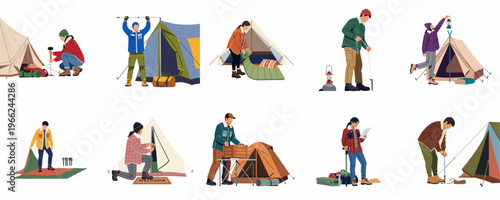 Collection of vector illustrations depicting people setting up tents and preparing for an outdoor camping adventure in the wilderness.