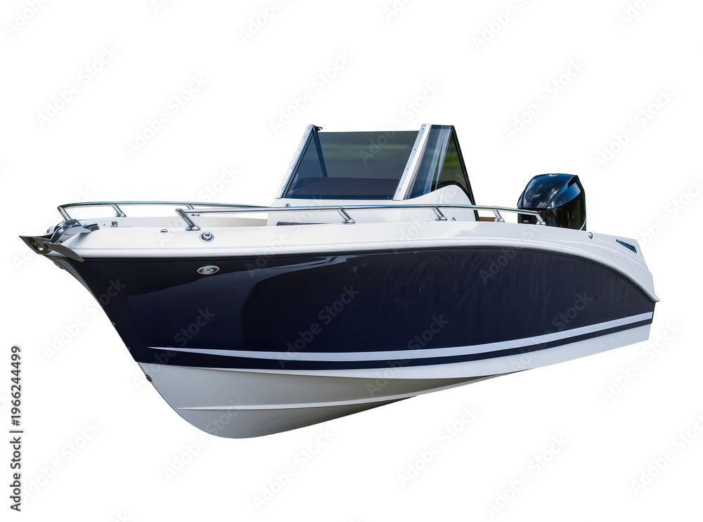Naklejka premium Isolated recreational speed boat with dark blue hull, white top, and powerful outboard engine.