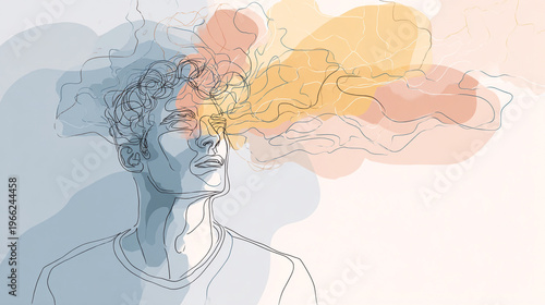 Minimal pastel abstract illustration of a man with clouds and patterns, negative mental health concept