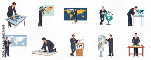 Collection of businessmen planning global logistics, international trade routes, and worldwide business strategies using world maps and globes.