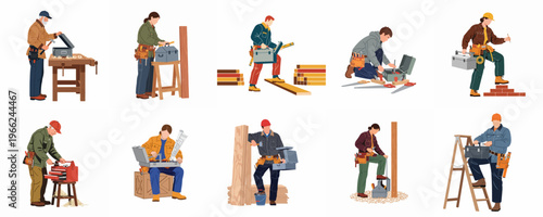 Set of diverse male and female construction workers and carpenters using tools for building, maintenance, and woodworking projects in a flat illustration style.