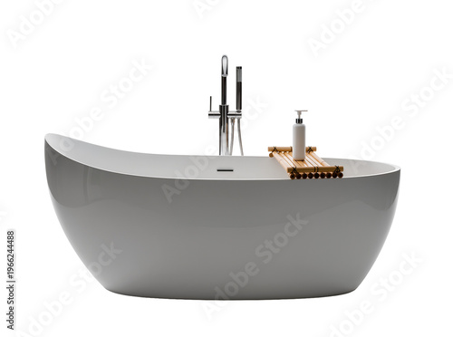 Valokuva Isolated modern freestanding bathtub with contemporary chrome faucet and bamboo
