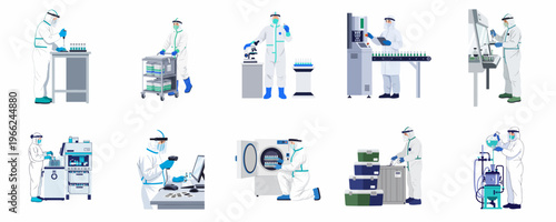 Collection of scientists in protective suits working on vaccine production and laboratory research in various settings, flat vector illustration
