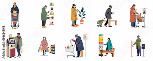 Set of flat illustrations showing people grocery shopping with face masks and practicing social distancing during the pandemic.