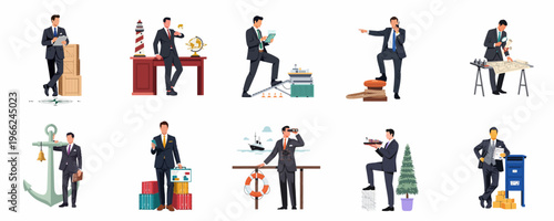 Collection of business illustrations depicting global logistics, maritime shipping management, and international trade operations through various professional maritime-themed scenarios.