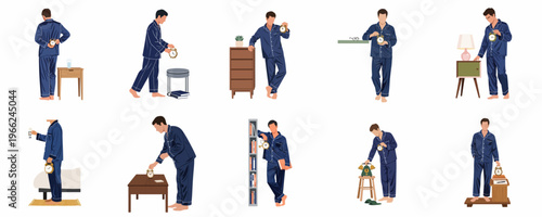 Vector illustrations of a man in blue pajamas holding an alarm clock, depicted in different poses and settings related to sleep and waking up.