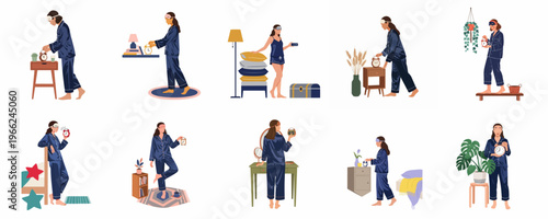 Vector illustration set of a woman in blue pajamas and sleep mask interacting with alarm clocks in various cozy bedroom scenes.