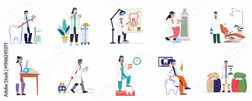 Set of vector illustrations depicting professional dentists and dental hygienists performing various oral healthcare activities and medical procedures in a clinic setting.
