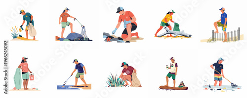 Collection of illustrations showing volunteers participating in beach cleanup activities, picking up plastic waste and trash to protect the ocean and coastal environment.