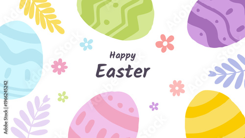 Banner web, portada y tarjeta con decoraciones de pascua coloridas. Fondo minimalista de huevos de pascua y flores de primavera. Póster horizontal dibujado a mano en colores pastel. Diseño moderno