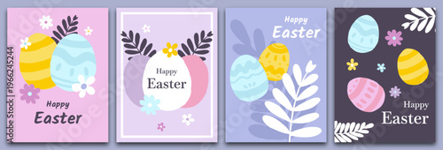 Conjunto de tarjetas y postales del Día de Pascua con decoraciones de ramas de palma, flores y huevos de pascua. Plantilla con ilustración vectorial con colores apastelados. Pósteres de semana santa