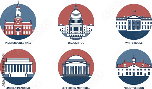 Set of circular icons depicting major neoclassical United States government and historical landmark buildings in a limited color palette.