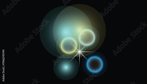 Glowing orbs and starburst light effect on black background