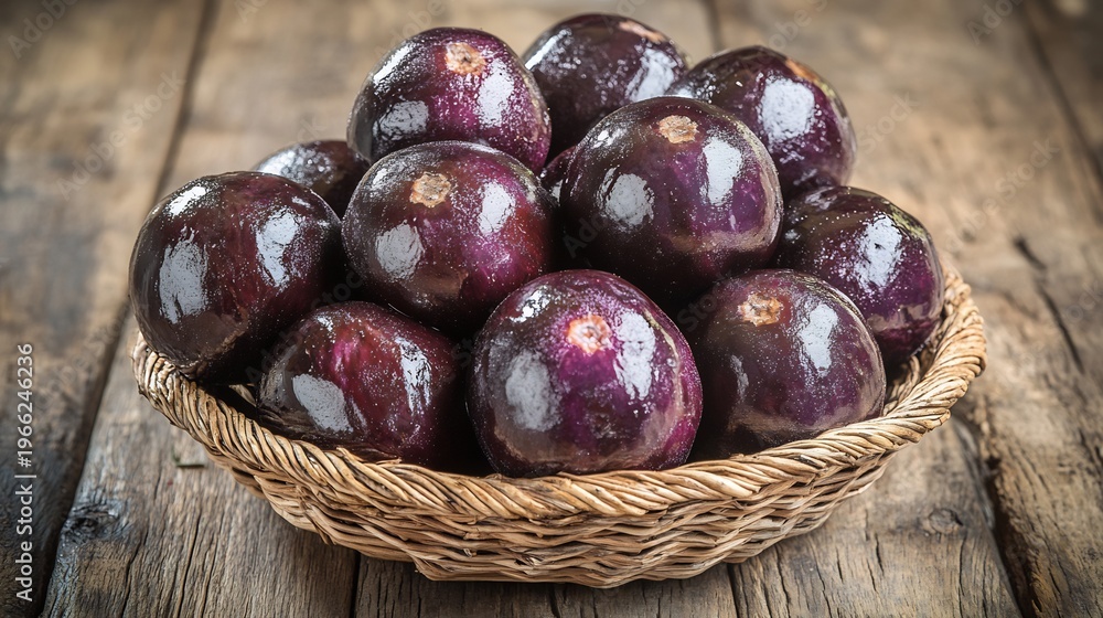 Obraz premium Group of ripe jabuticabas Plinia cauliflora with their glossy dark purple skin arranged in a traditional wicker basket on a wooden table