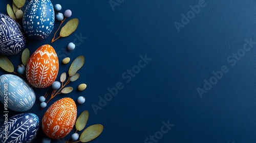 A collection of colorful Easter eggs with intricate designs on a dark blue background surrounded by leaves and berries