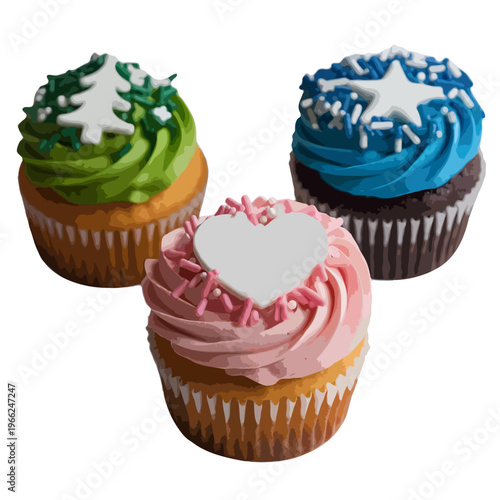 Colorful three-tiered cake with flower and shell decorations on a stand isolated on white background, Vector