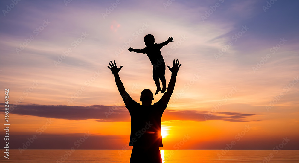 Fototapeta premium Silhouette of father and child raising hands at sunset on beach with warm glow