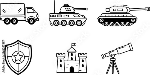 Military vehicles and defense icons set featuring truck, armored car, tank, shield, castle, telescope
