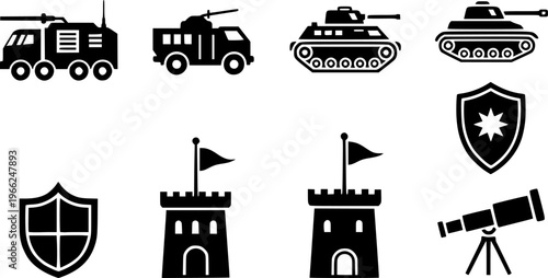 Military vehicles and defense icons set featuring truck, armored car, tank, shield, castle, telescope
