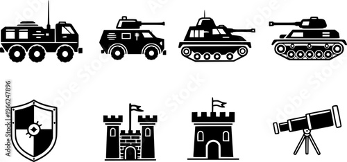 Military vehicles and defense icons set featuring truck, armored car, tank, shield, castle, telescope
