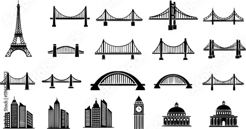 Bridge and architecture icons including eiffel tower and cityscape designs
