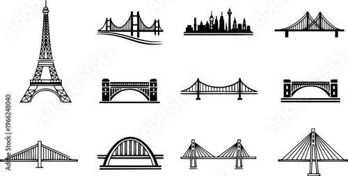 Bridge and architecture icons including eiffel tower and cityscape designs
