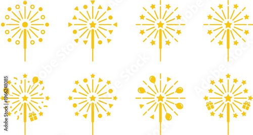 Eight variations of yellow sparkler icons are displayed against a white background for festive design use.