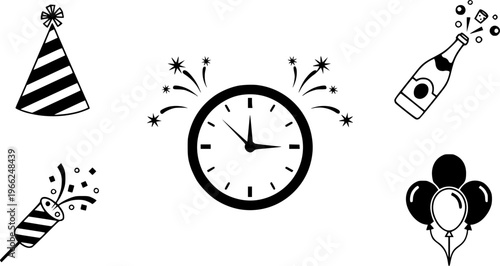 New year's celebration icons: clocks and party hats in minimalist style
