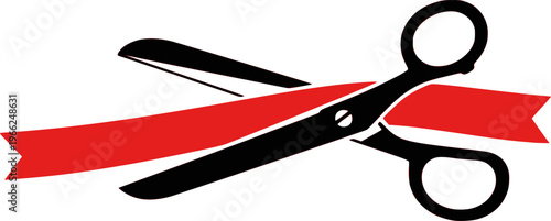 Scissors cut the red ribbon on white background. Grant opening symbol. Scissors and ribbon icon collection in flat style.
