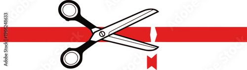 Scissors cut the red ribbon on white background. Grant opening symbol. Scissors and ribbon icon collection in flat style.
