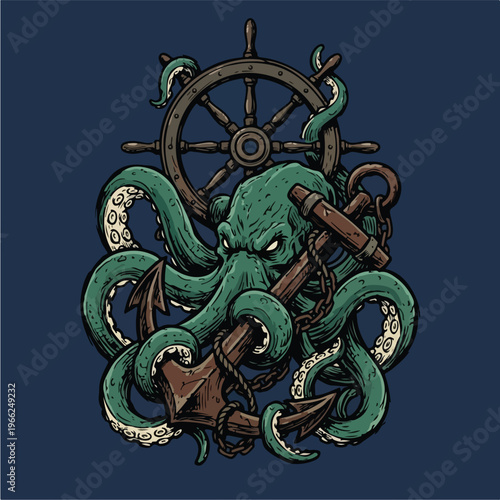 Cthulhu Tentacles Ship Wheel Anchor.