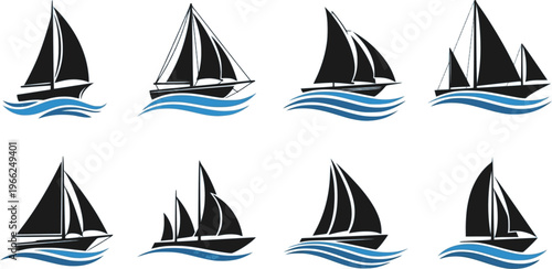 Sea sailing boat in the blue ocean. Marine ship with sail in sea waves icon collection. Sailboats design company logotype. Vector illustration.
