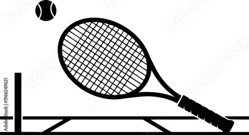 Tennis racket icon vector. Racket with ball on court. Tennis accessory. Silhouette racquet for sport. Vector illustration.
