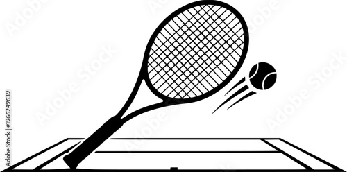 Tennis racket icon vector. Racket with ball on court. Tennis accessory. Silhouette racquet for sport. Vector illustration.
